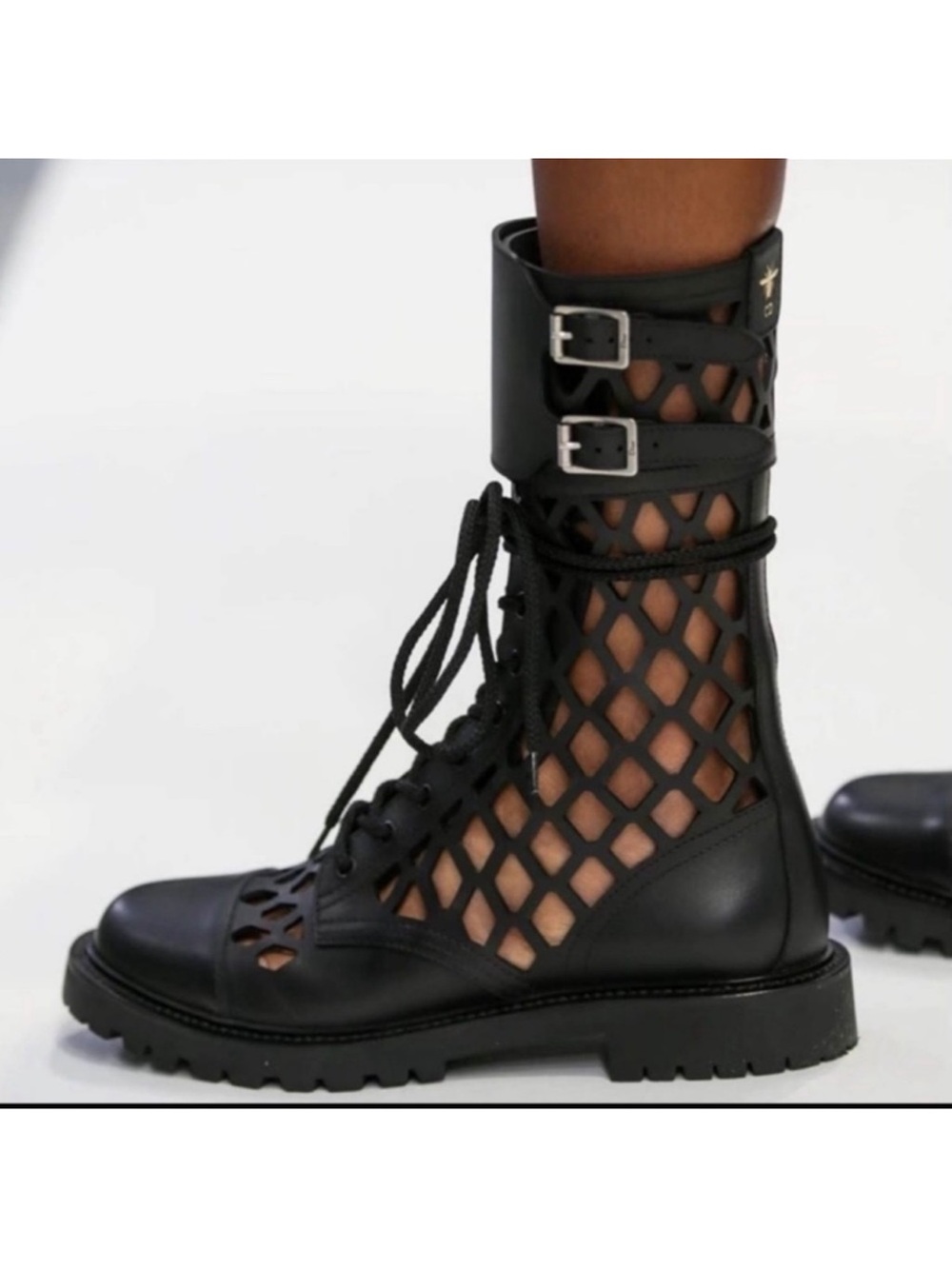 Dior Rare Laser  Leather Cut Combat Boots 37 Black Summer Runway Full Set